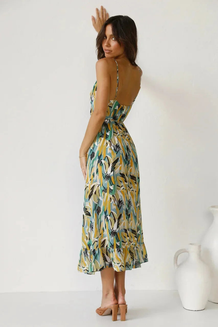 Robe longue femme imprimé abstrait bretelles fines | Coupe féminine + Style élégant + Facile à accessoiriser – ROBEMODE