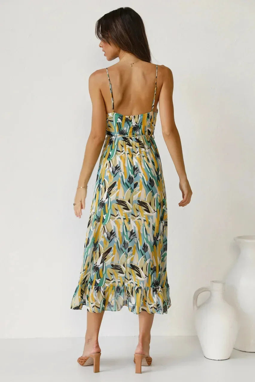 Robe longue femme imprimé abstrait bretelles fines | Coupe féminine + Style élégant + Facile à accessoiriser – ROBEMODE