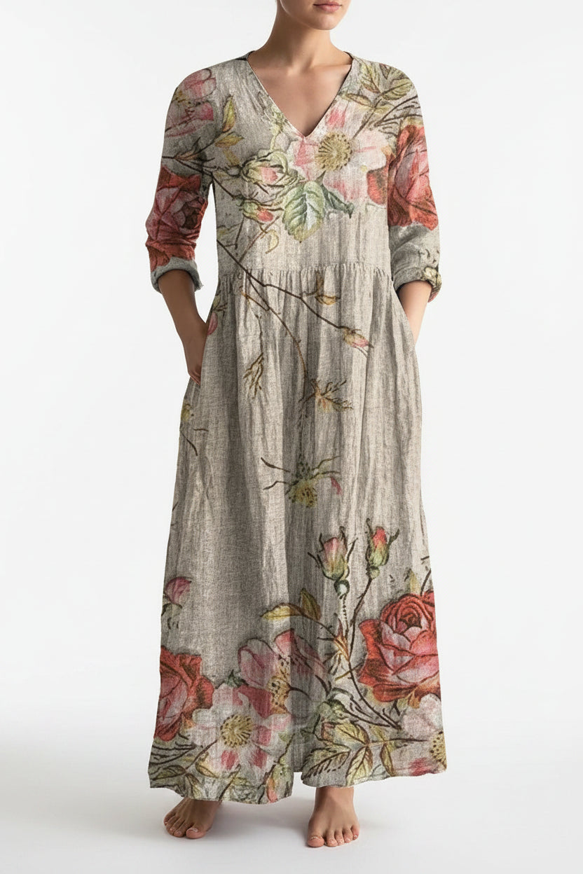 Robe Longue Florale Col V Manches 3/4 Femme Grande Taille | ROBEMODE