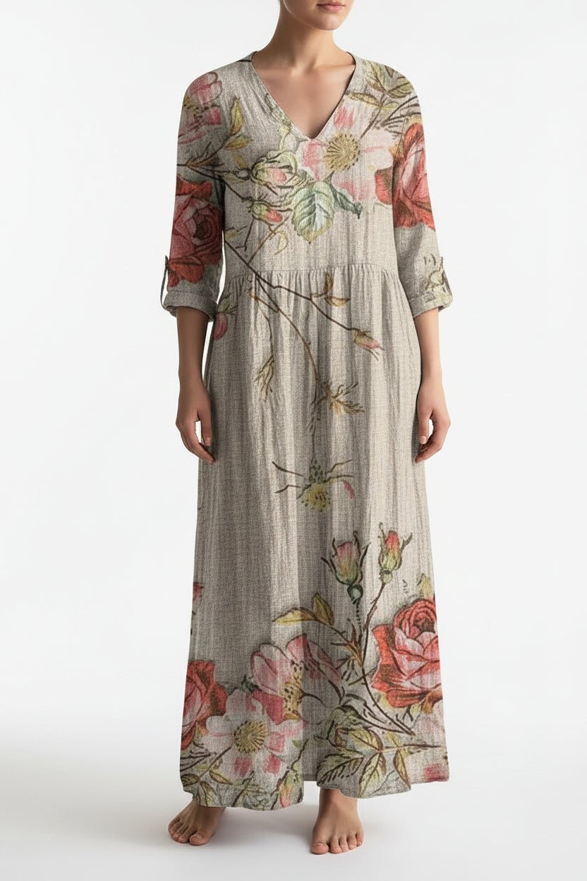 Robe Longue Florale Col V Manches 3/4 Femme Grande Taille | ROBEMODE