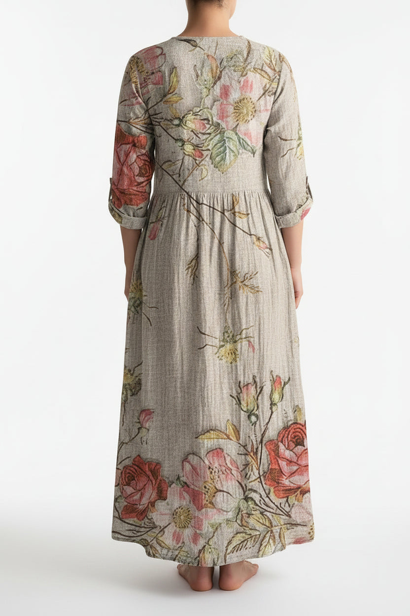 Robe Longue Florale Col V Manches 3/4 Femme Grande Taille | ROBEMODE