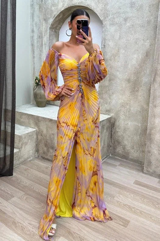 Robe longue femme multicolore plissée col en V | ROBEMODE