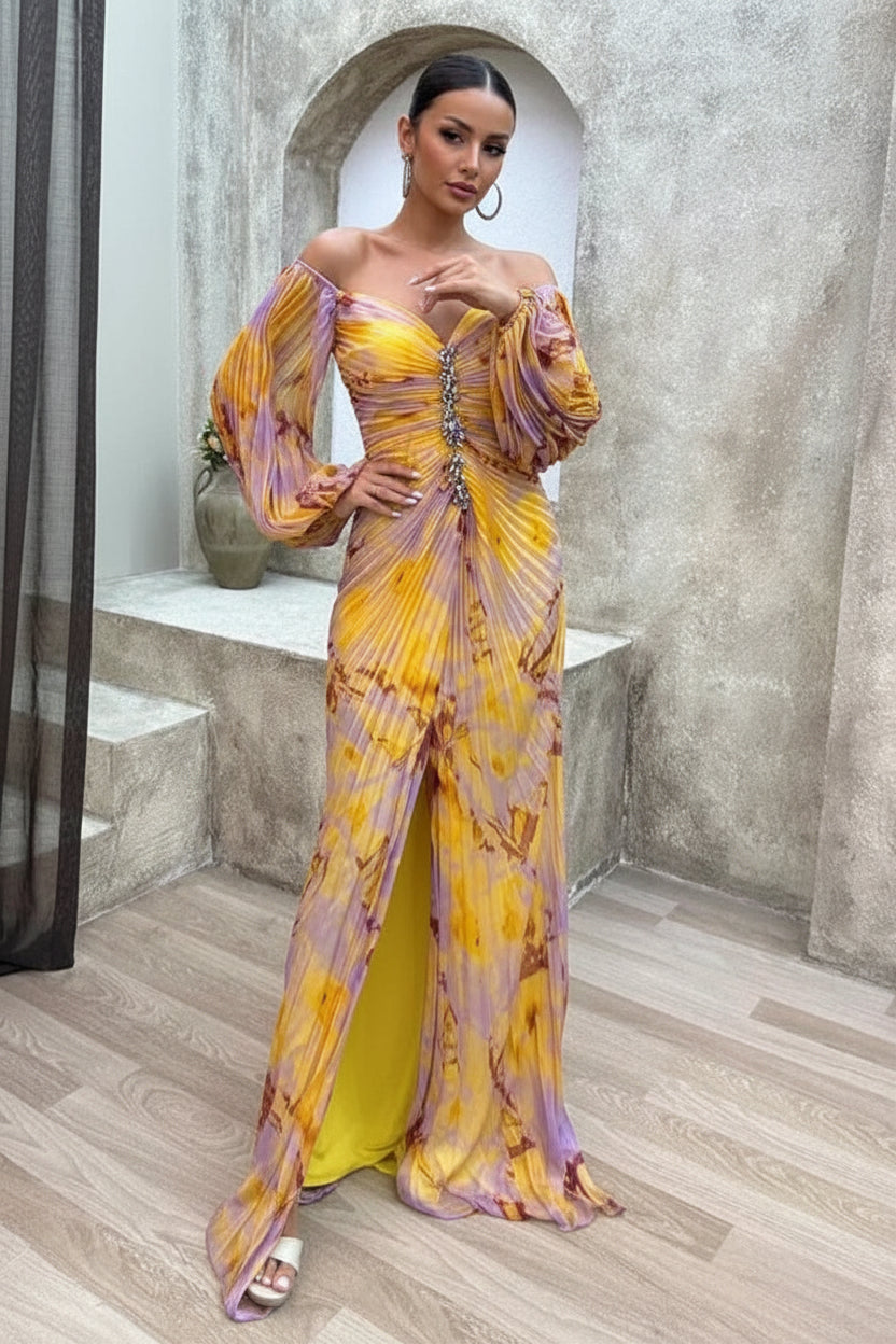 Robe longue femme multicolore plissée col en V | ROBEMODE