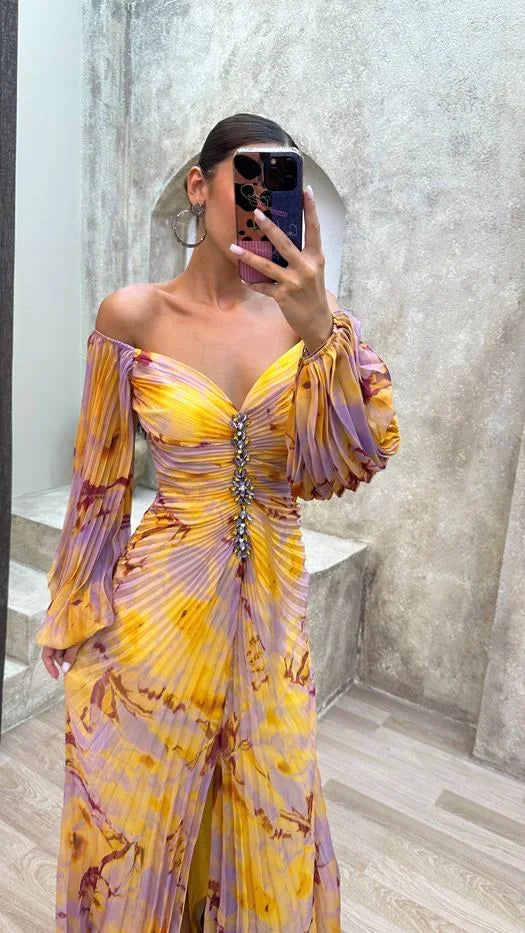 Robe longue femme multicolore plissée col en V | ROBEMODE
