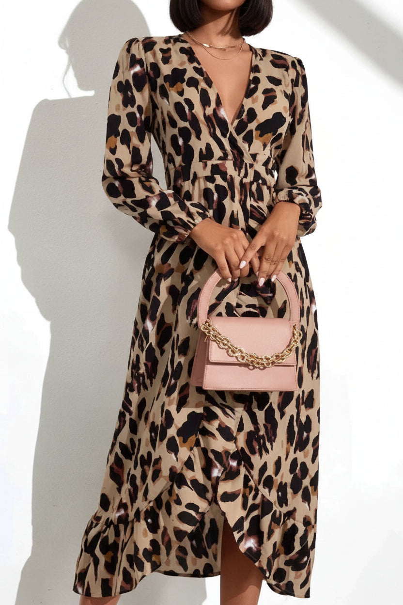 Robe Longue Femme Léopard Portefeuille Col V Manches Longues 1 Coloris | ROBEMODE