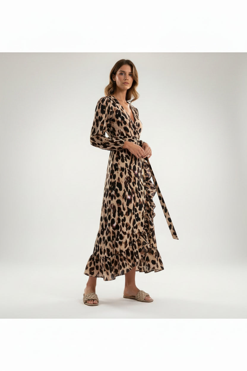 Robe Longue Femme Léopard Portefeuille Col V Manches Longues 1 Coloris | ROBEMODE