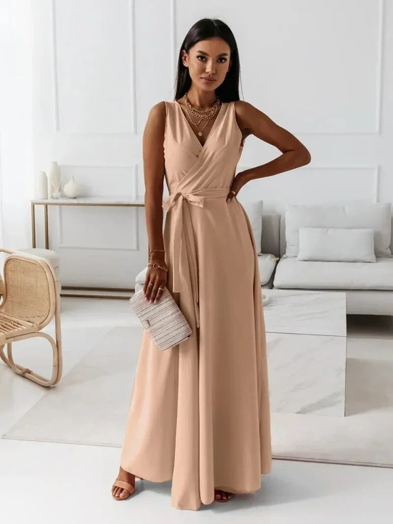 Robe longue femme plissée avec ceinture et col V | ROBEMODE