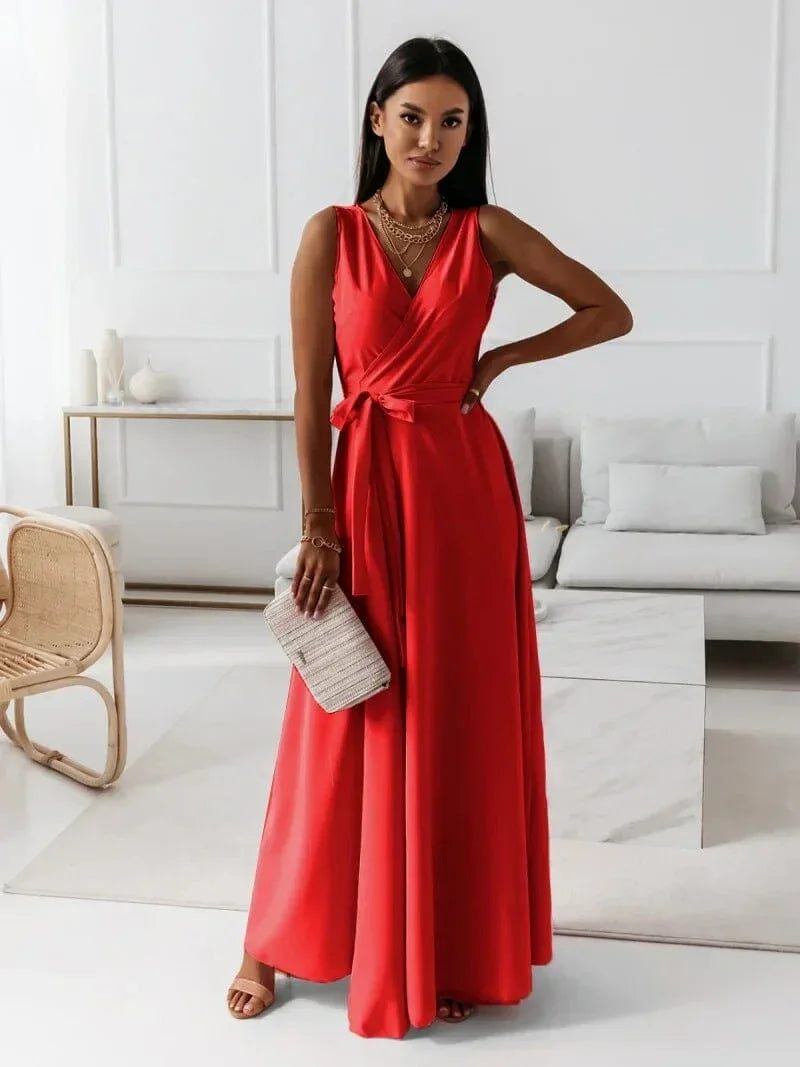 Robe longue femme plissée avec ceinture et col V | ROBEMODE