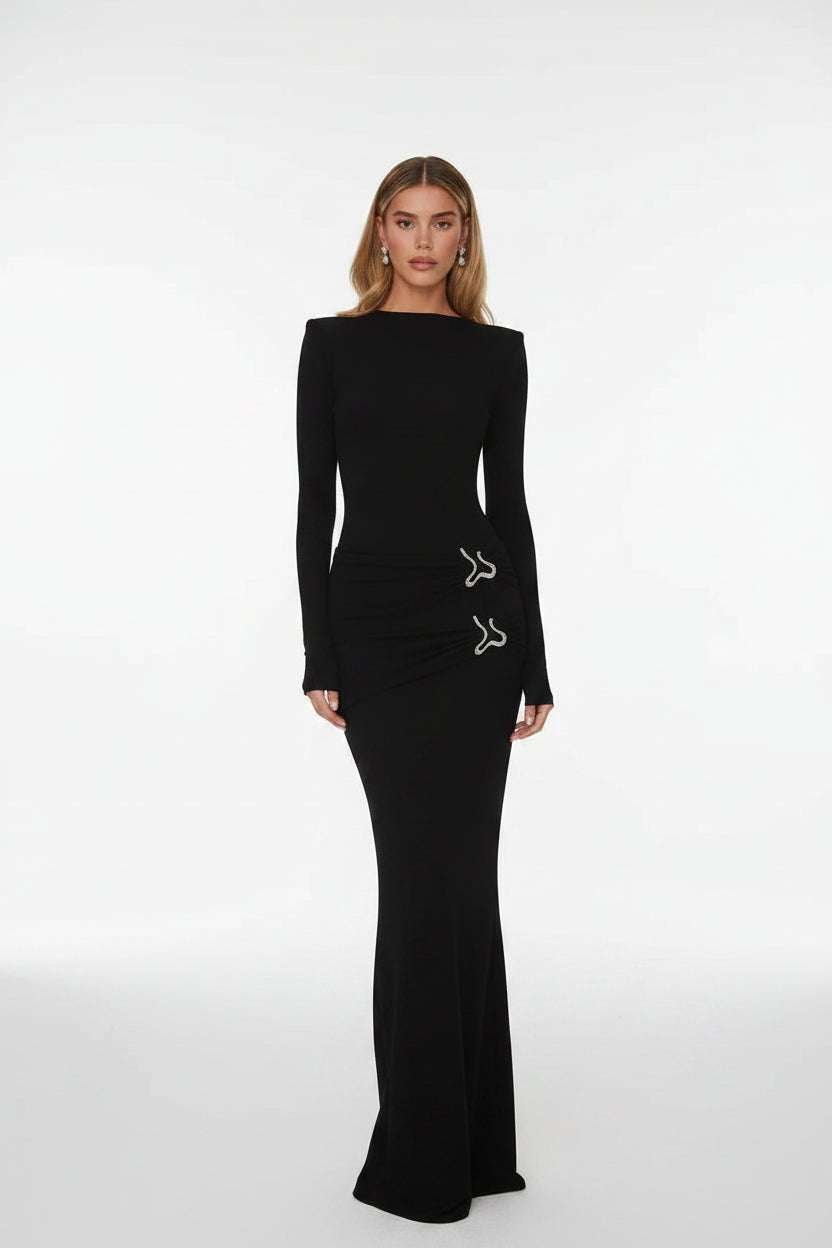 Robe longue noire manches longues détails métalliques | Coupe féminine + Style élégant + Facile à accessoiriser – ROBEMODE