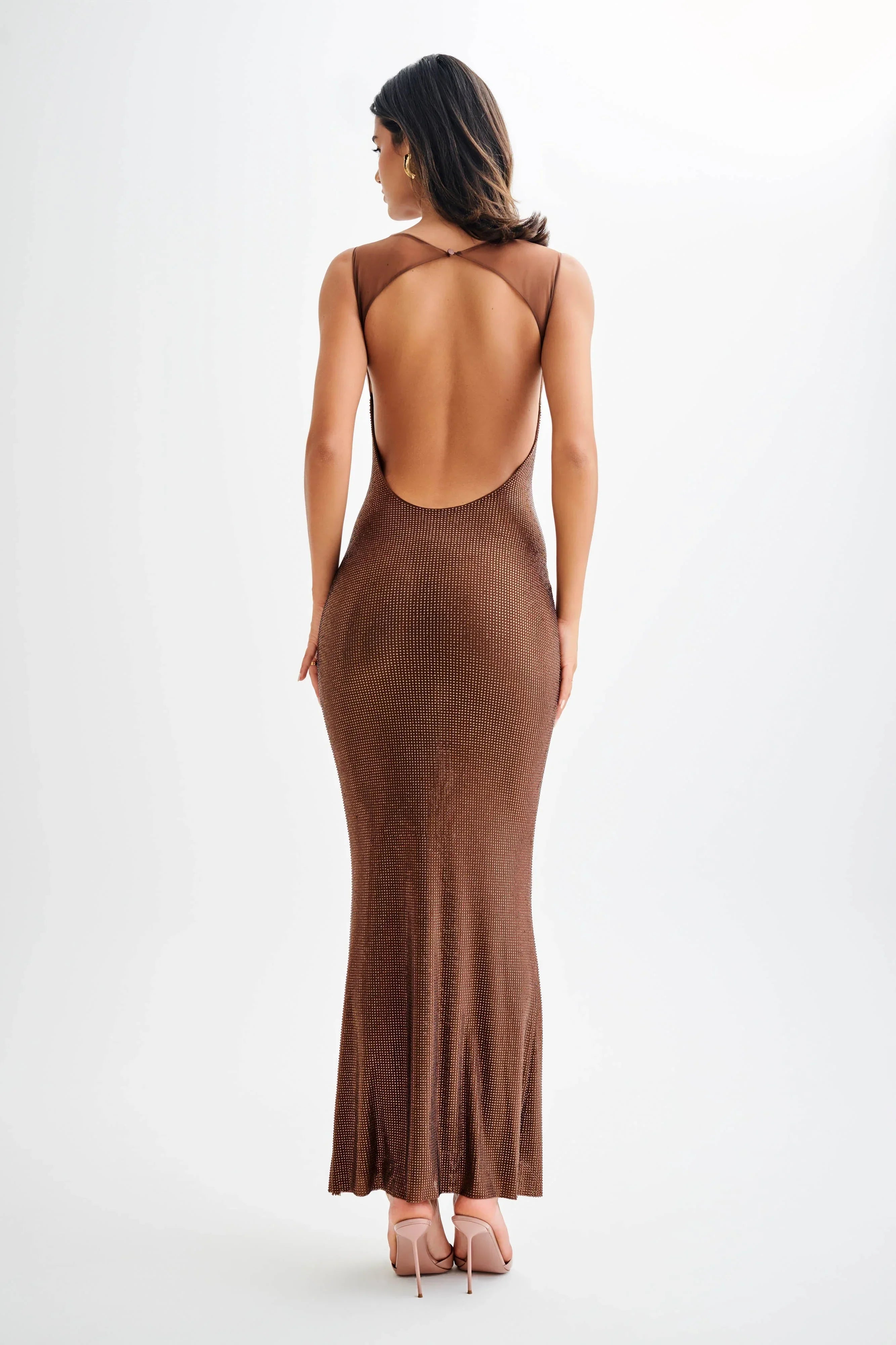 Robe longue pailletée femme à bretelles marron