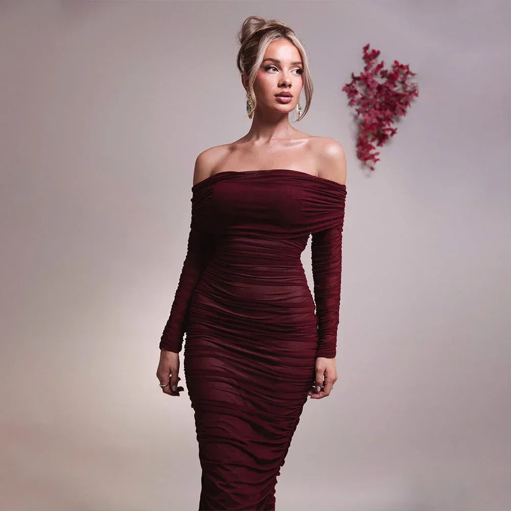 Robe longue soirée épaules dénudées froncée transparente | ROBEMODE