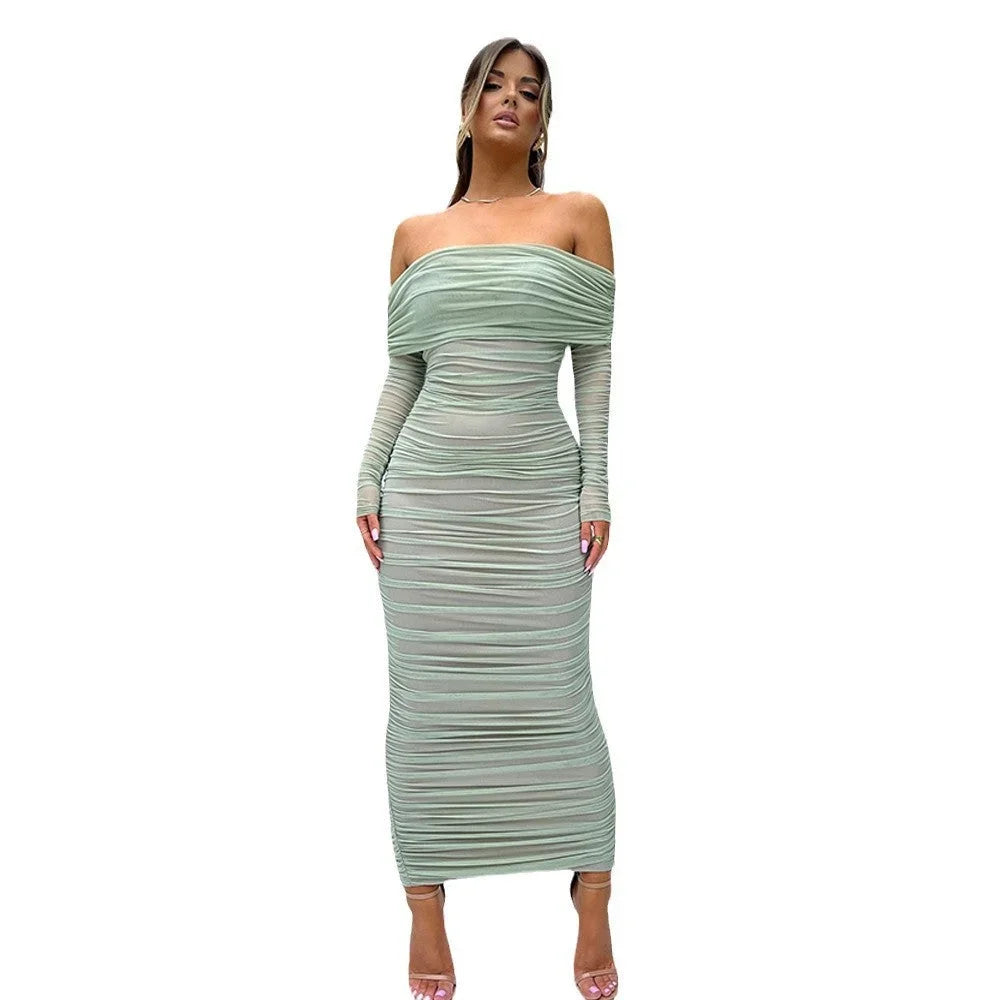 Robe longue soirée épaules dénudées froncée transparente | ROBEMODE
