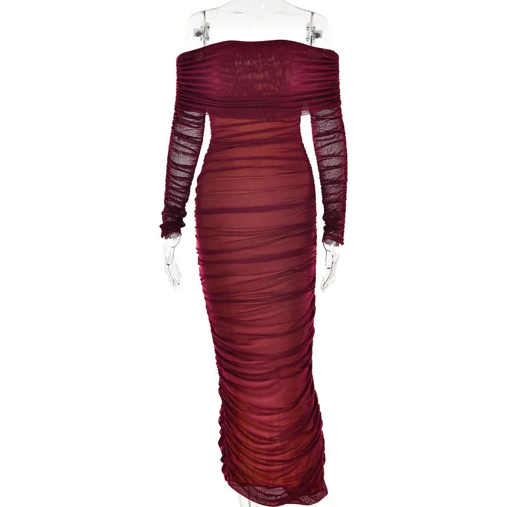Robe longue soirée épaules dénudées froncée transparente | ROBEMODE