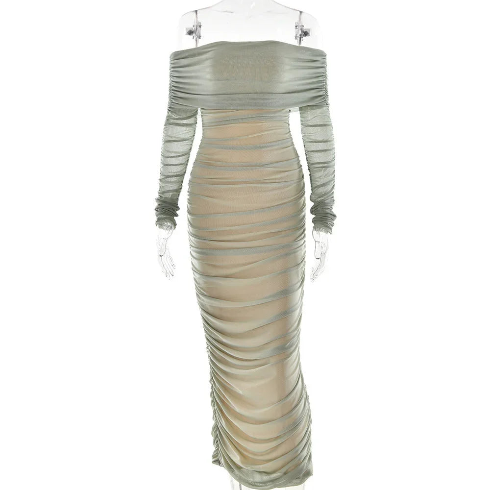 Robe longue soirée épaules dénudées froncée transparente | ROBEMODE