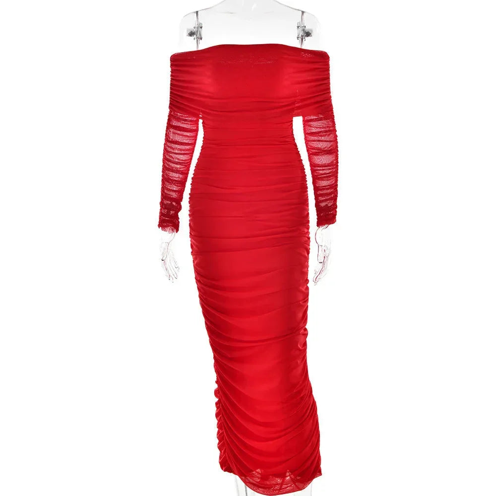 Robe longue soirée épaules dénudées froncée transparente | ROBEMODE