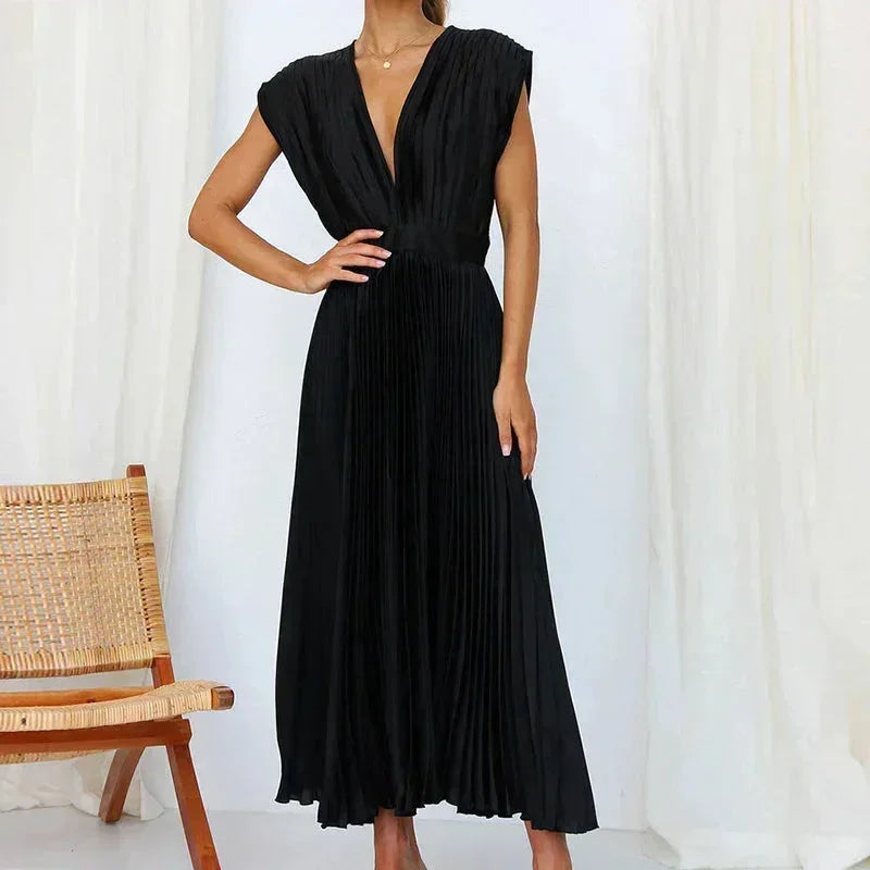 Robe Longue Plissée Femme Col V | 5 Coloris + Décolleté Élégant + Cérémonie Mariage | ROBEMODE