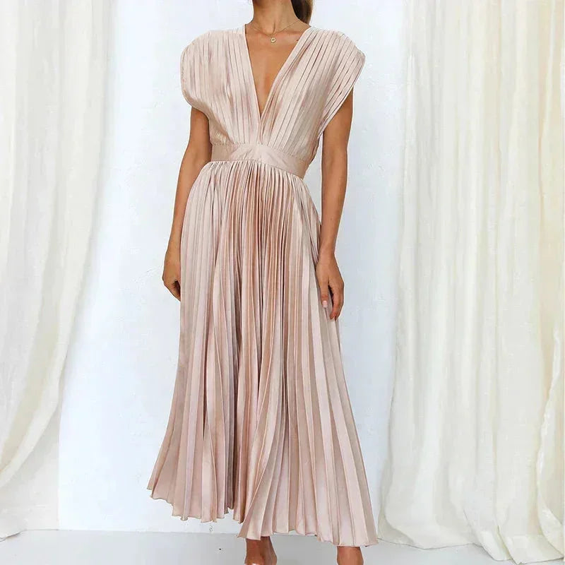 Robe Longue Plissée Femme Col V | 5 Coloris + Décolleté Élégant + Cérémonie Mariage | ROBEMODE
