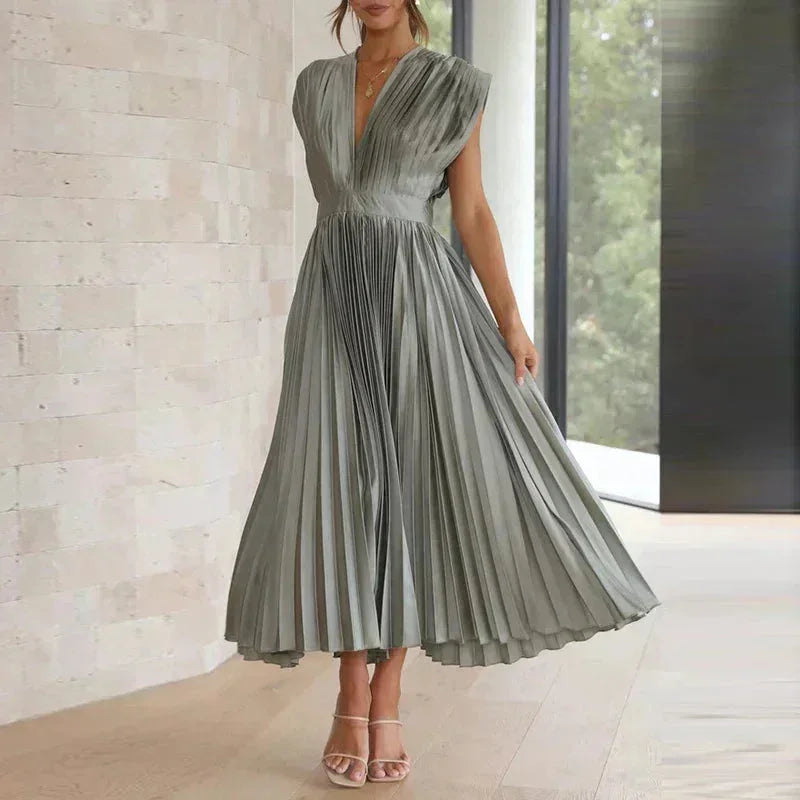 Robe Longue Plissée Femme Col V | 5 Coloris + Décolleté Élégant + Cérémonie Mariage | ROBEMODE