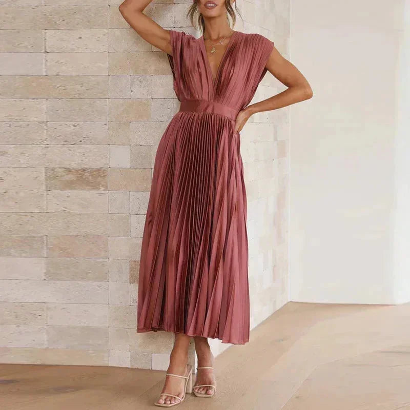 Robe Longue Plissée Femme Col V | 5 Coloris + Décolleté Élégant + Cérémonie Mariage | ROBEMODE