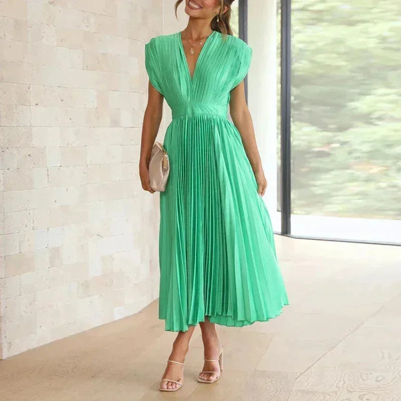 Robe Longue Plissée Femme Col V | 5 Coloris + Décolleté Élégant + Cérémonie Mariage | ROBEMODE