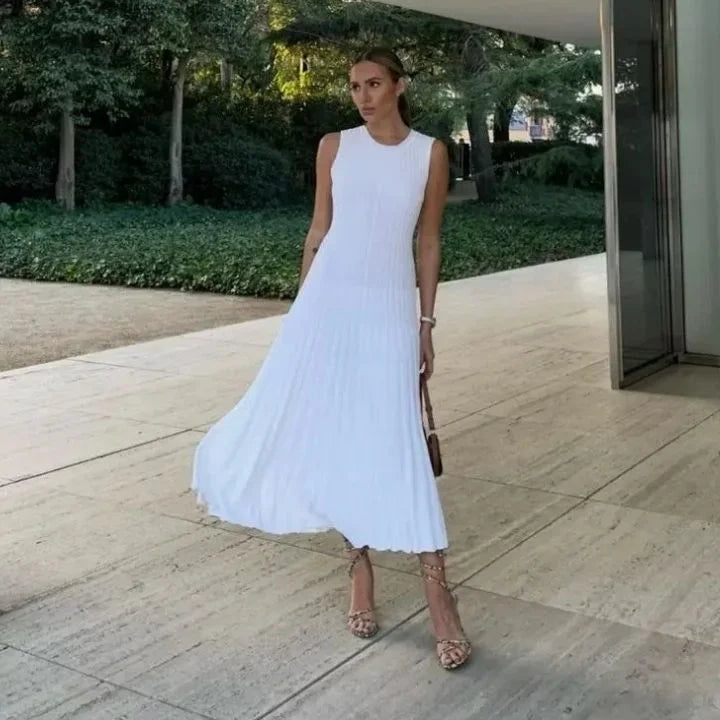 Robe longue femme plissée sans manches tissu fluide | ROBEMODE