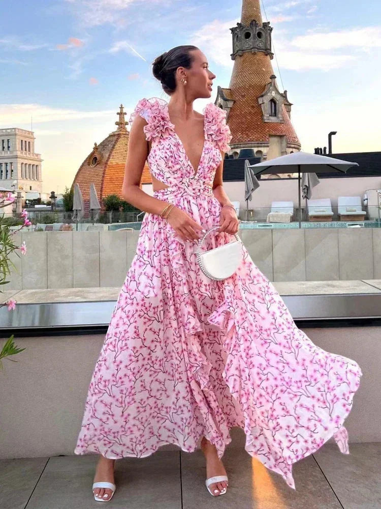 Robe Longue Rose Florale Volants Col V Portefeuille Femme Été | ROBEMODE