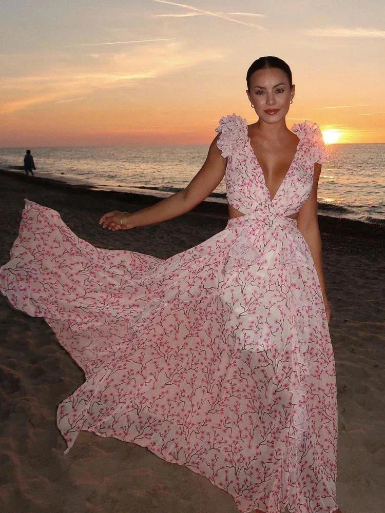 Robe longue rose à fleurs volants col V portefeuille
