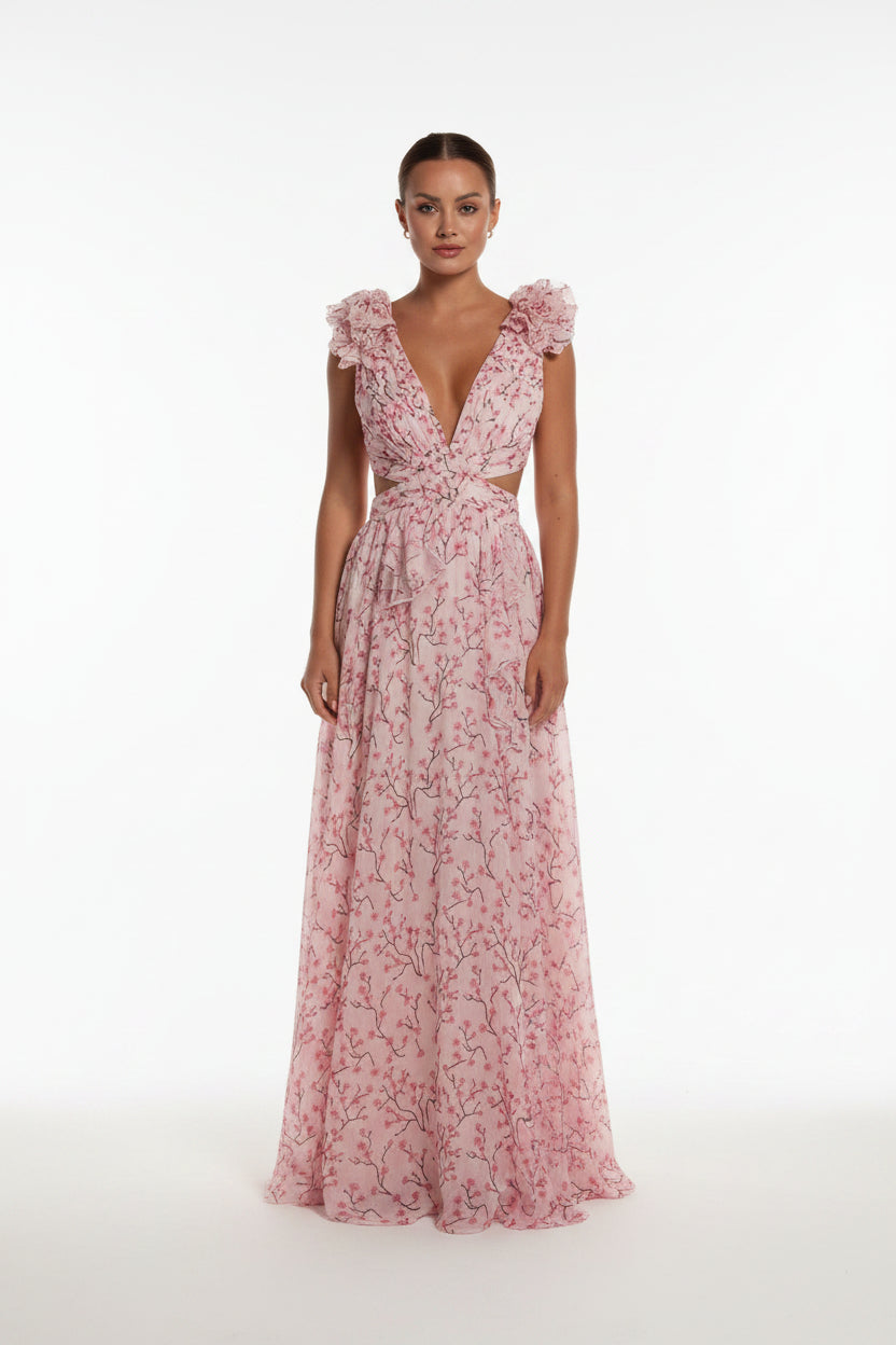 Robe Longue Rose Florale Volants Col V Portefeuille Femme Été | ROBEMODE