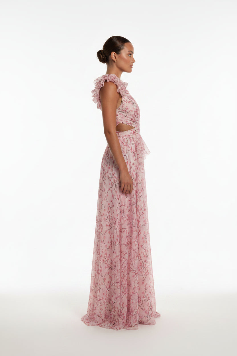 Robe Longue Rose Florale Volants Col V Portefeuille Femme Été | ROBEMODE