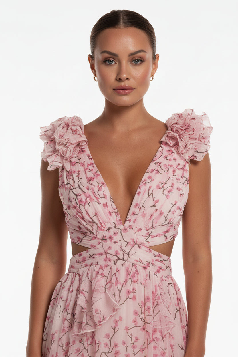 Robe Longue Rose Florale Volants Col V Portefeuille Femme Été | ROBEMODE