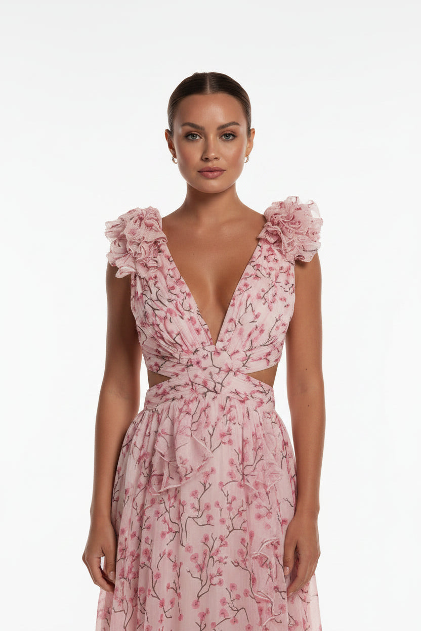 Robe Longue Rose Florale Volants Col V Portefeuille Femme Été | ROBEMODE