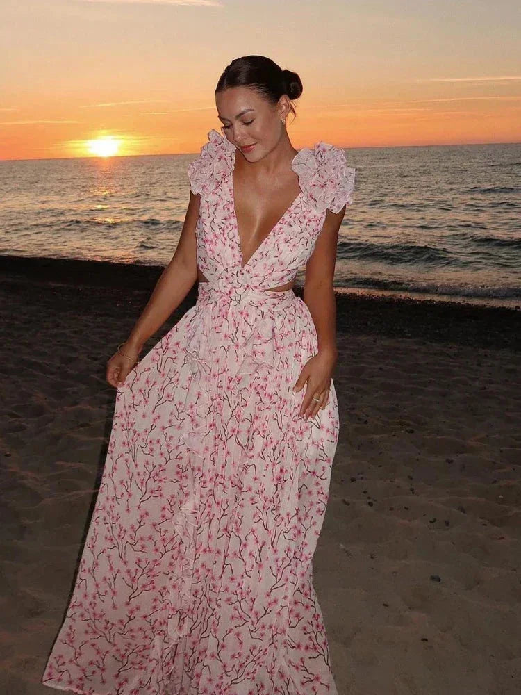 Robe longue rose à fleurs volants col V portefeuille
