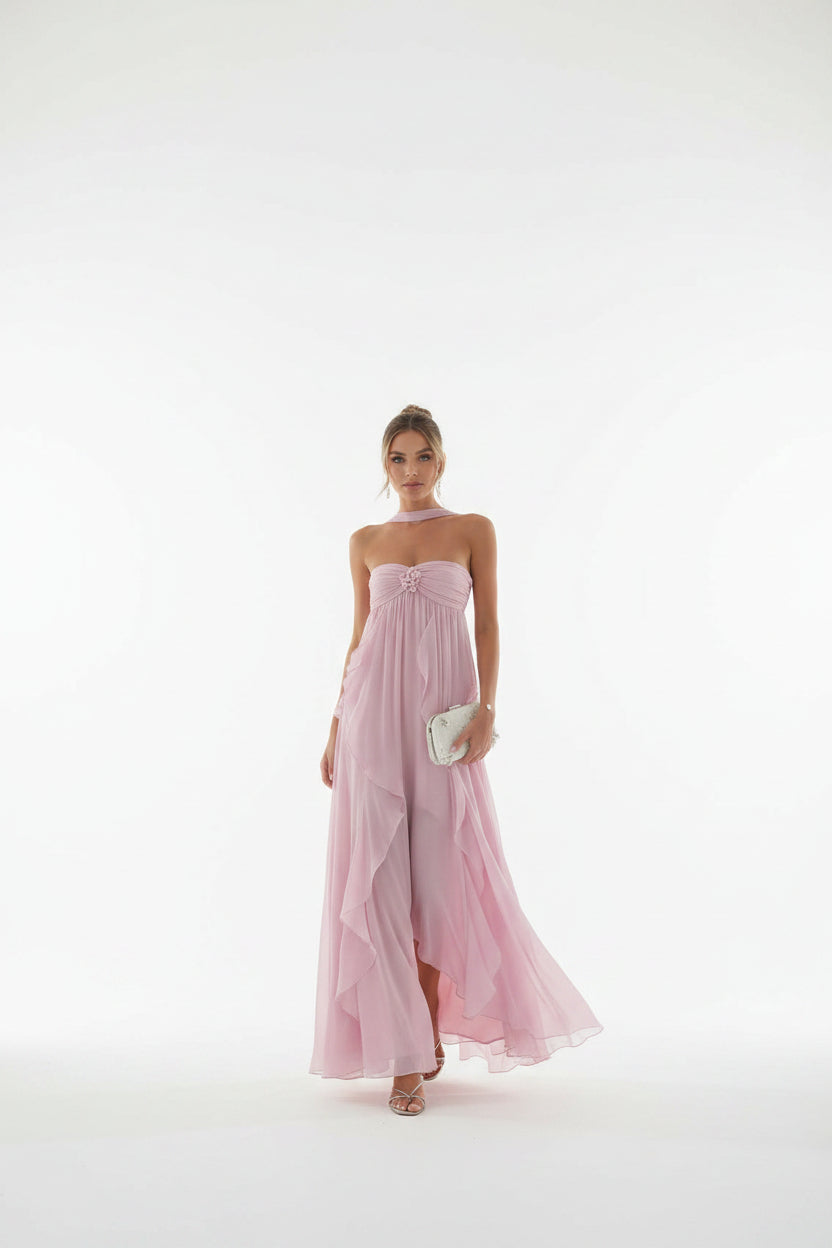 Robe Longue Sans Bretelles Détails Floraux Volants 2 Coloris | ROBEMODE