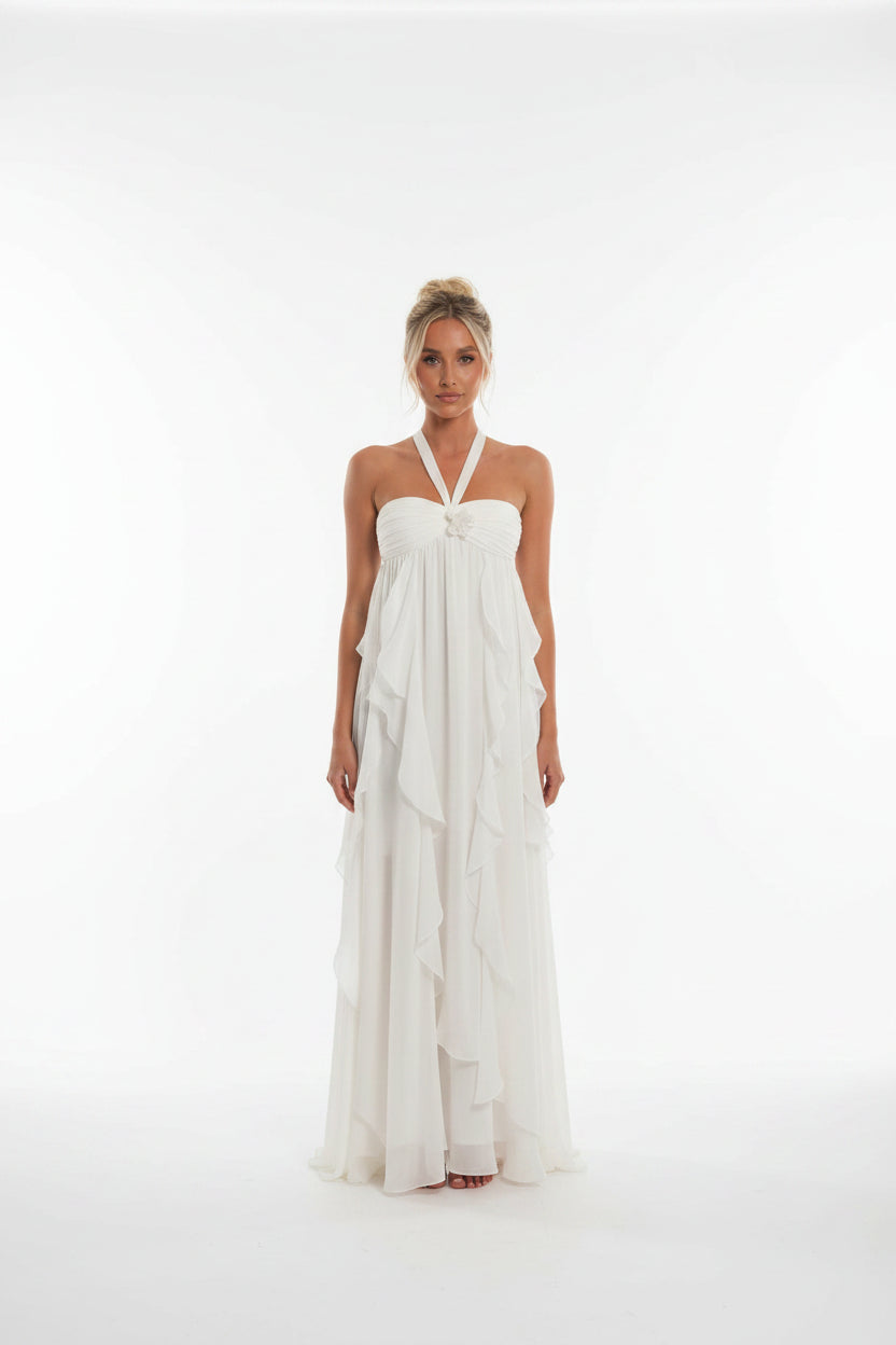 Robe Longue Sans Bretelles Détails Floraux Volants 2 Coloris | ROBEMODE