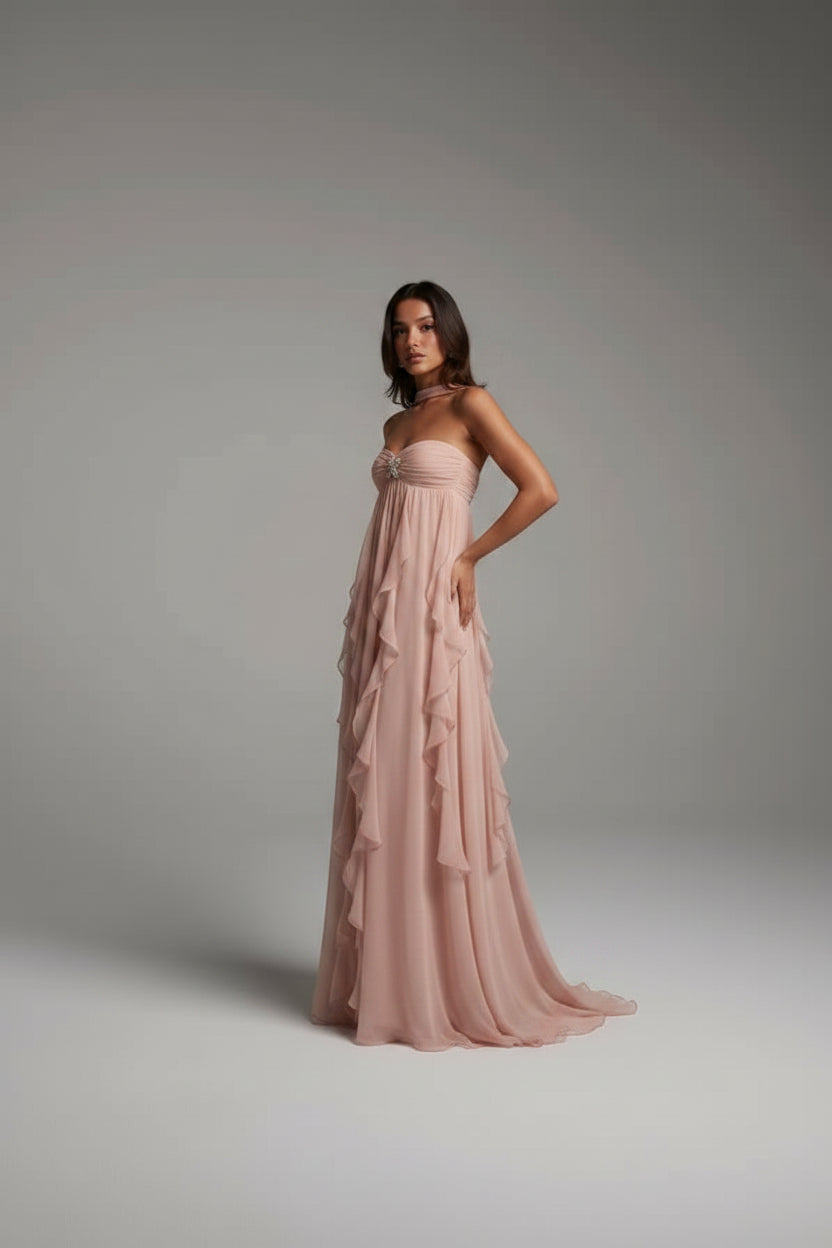 Robe Longue Sans Bretelles Détails Floraux Volants 2 Coloris | ROBEMODE