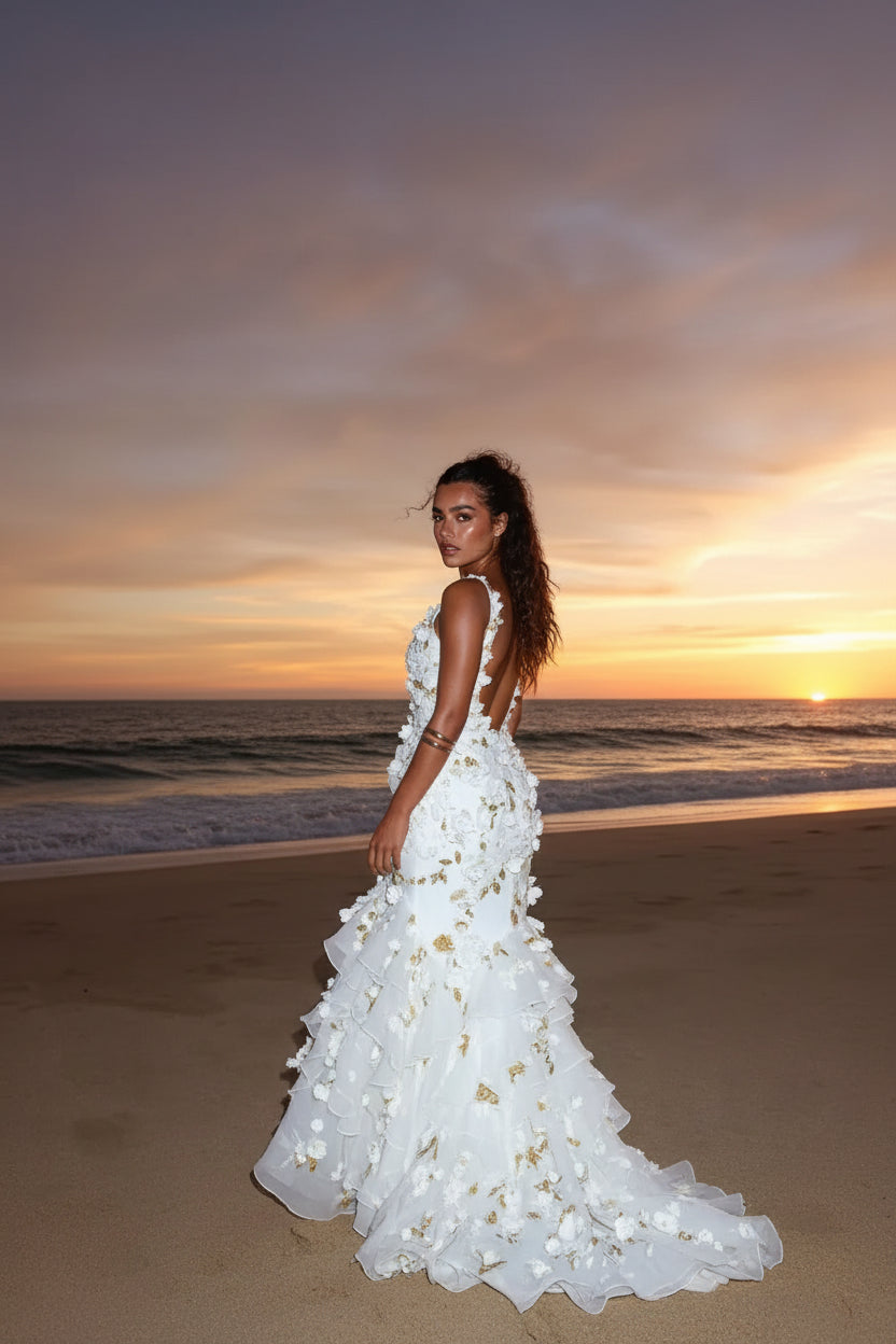 Robe Longue Sans Bretelles Détails Floraux Volants 2 Coloris | ROBEMODE