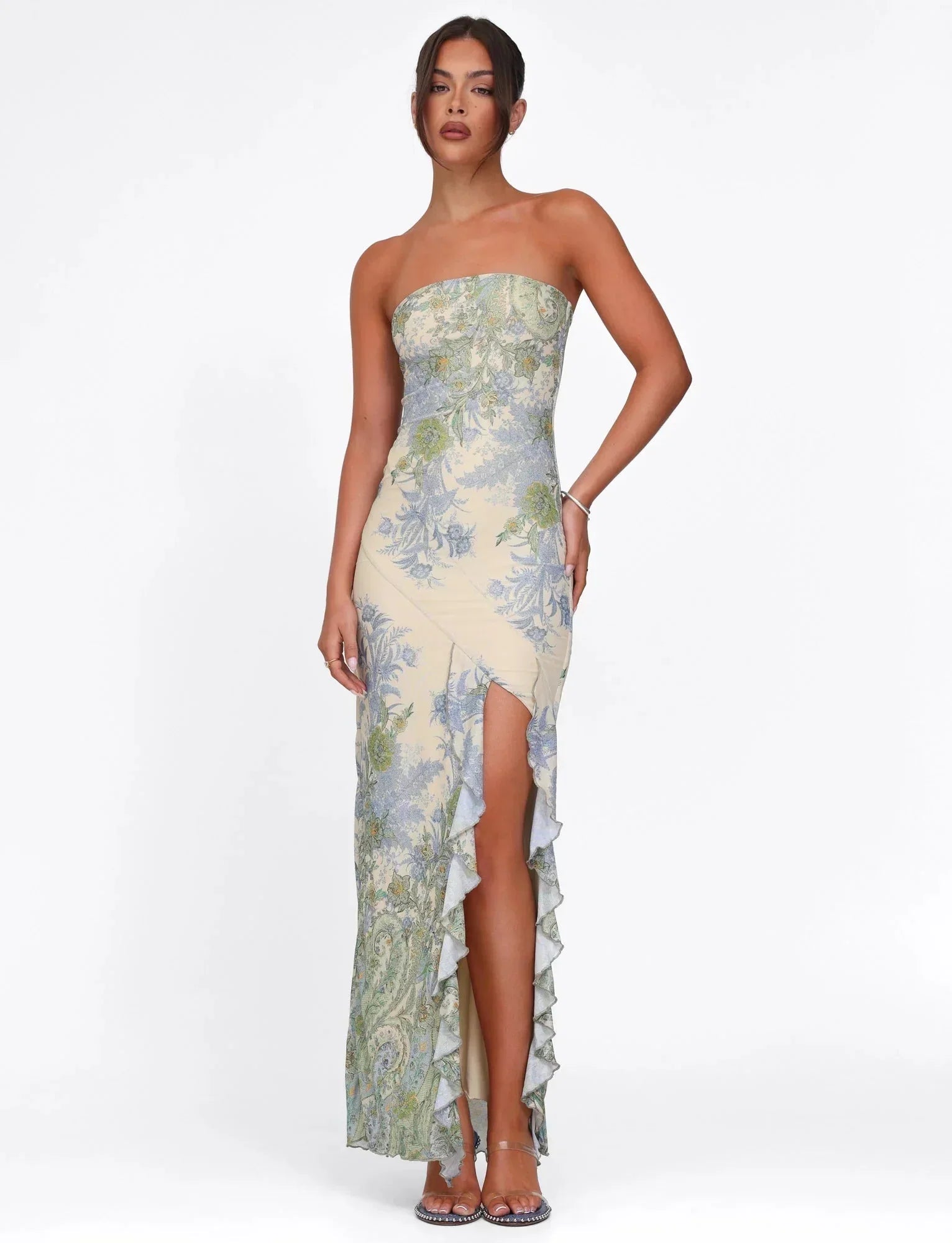 Robe longue sans bretelles motif floral avec fente | Coupe féminine + Style élégant + Facile à accessoiriser – ROBEMODE