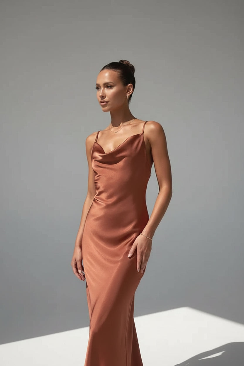 Robe Longue Satinée Col Bénitier Sans Manches Femme | Élégante Soirée 4 Coloris | ROBEMODE