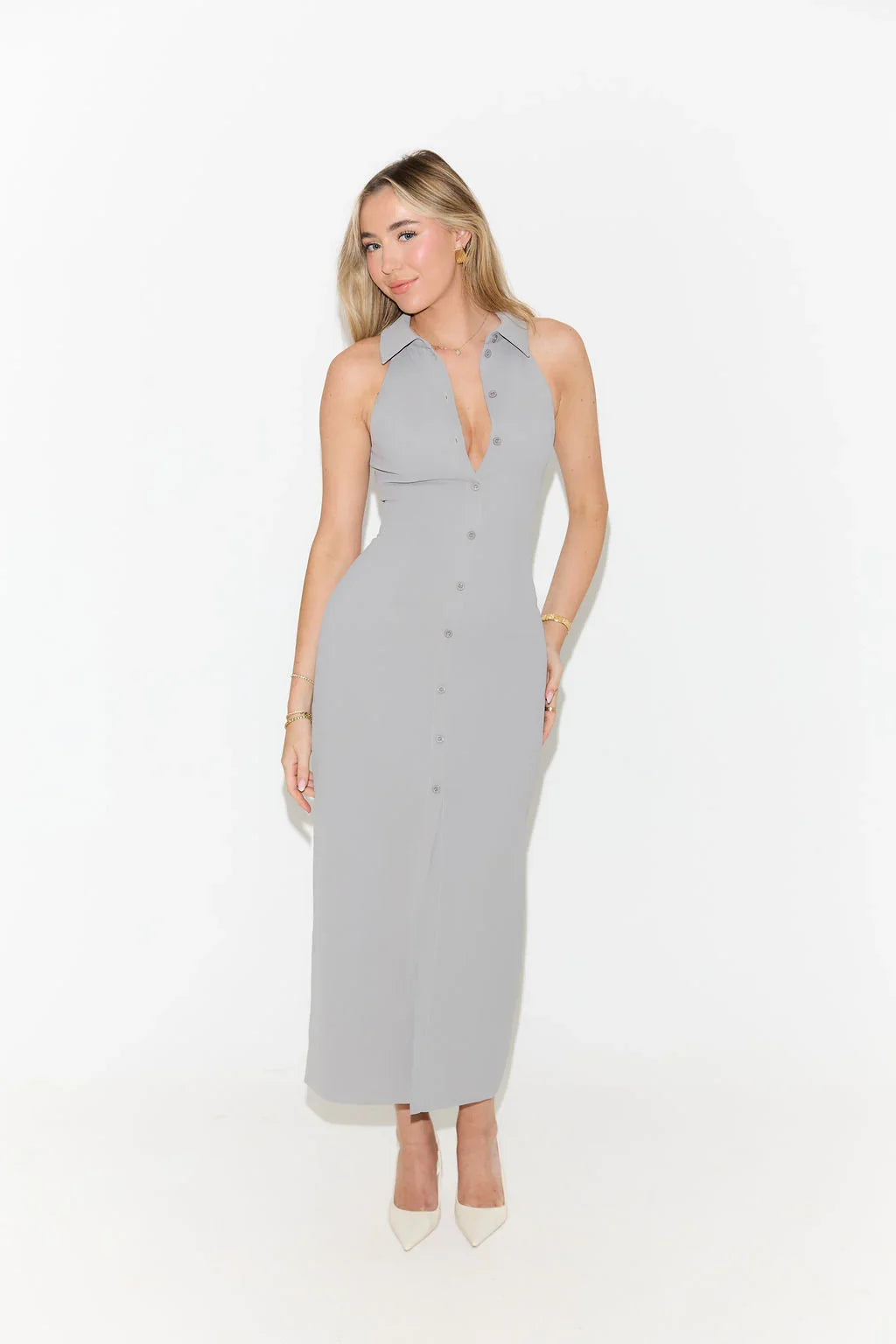 Robe mi longue sans manches col en V pour femmes