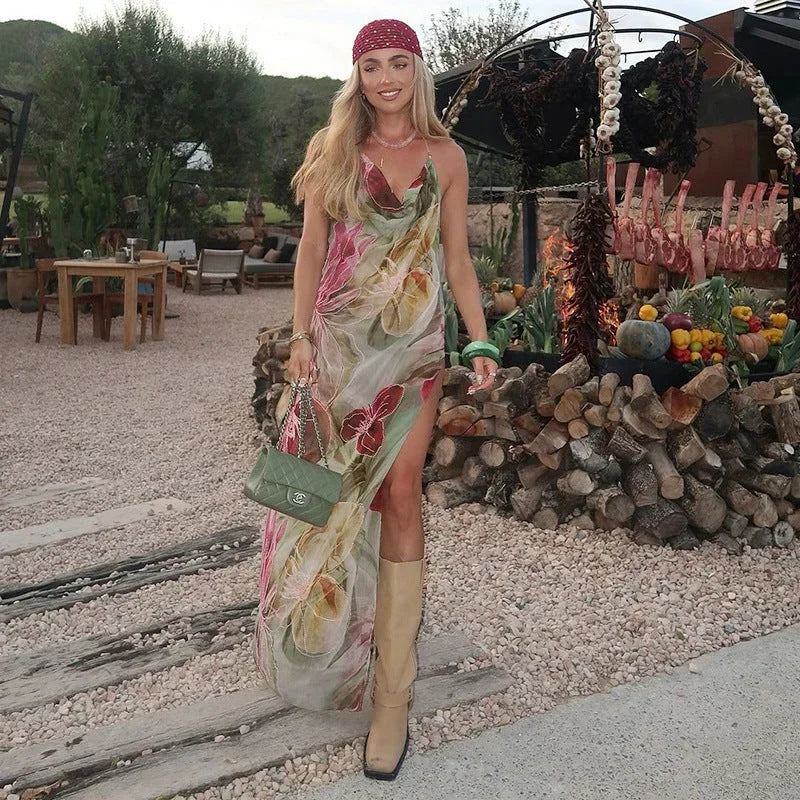 Robe longue fleurie multicolore fendue col V été | ROBEMODE
