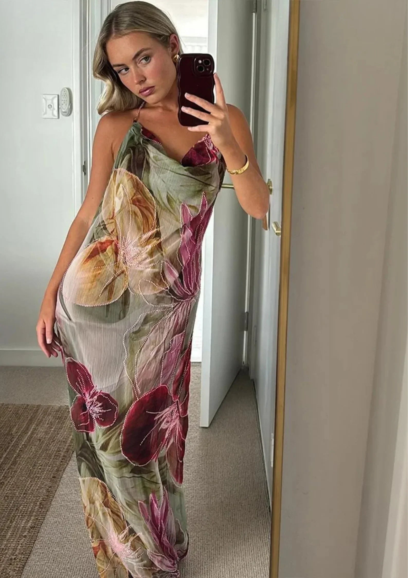 Robe longue fleurie multicolore fendue col V été | ROBEMODE