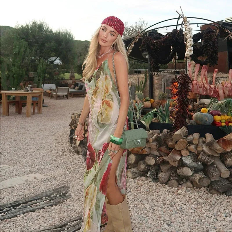 Robe longue fleurie multicolore fendue col V été | ROBEMODE
