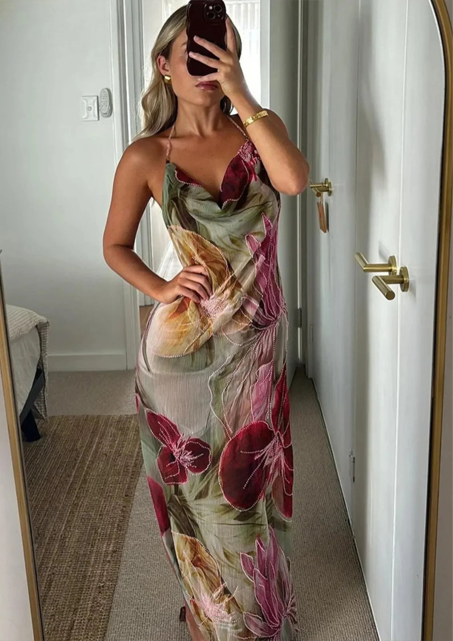 Robe longue fleurie multicolore fendue col V été | ROBEMODE