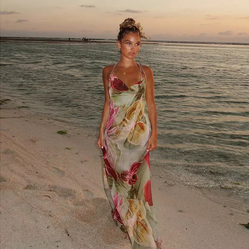 Robe longue fleurie multicolore fendue col V été | ROBEMODE