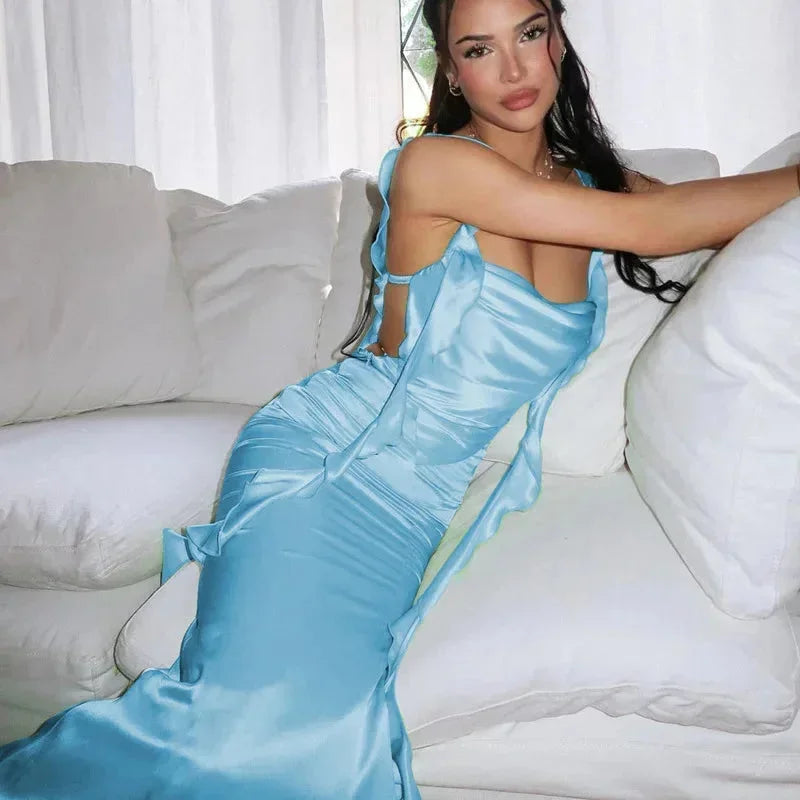 Robe longue femme col bénitier dos ouvert avec liens