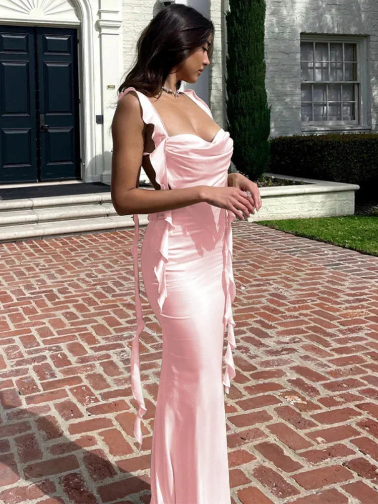 Robe longue femme col bénitier dos ouvert avec liens
