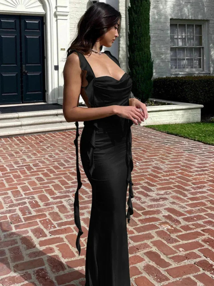 Robe longue femme col bénitier dos ouvert avec liens
