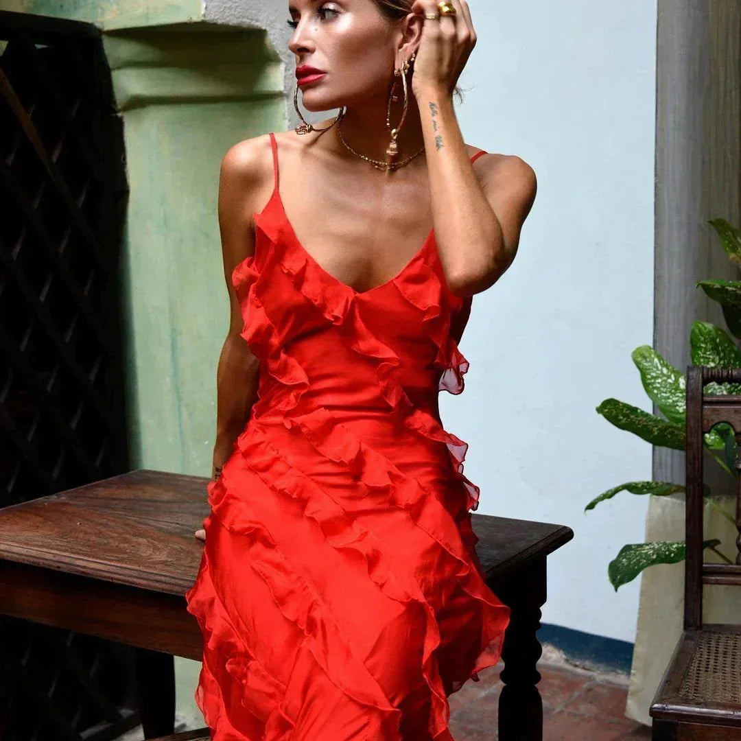 Robe longue soirée femme à volants bretelles fines | Coupe féminine + Style élégant + Facile à accessoiriser – ROBEMODE