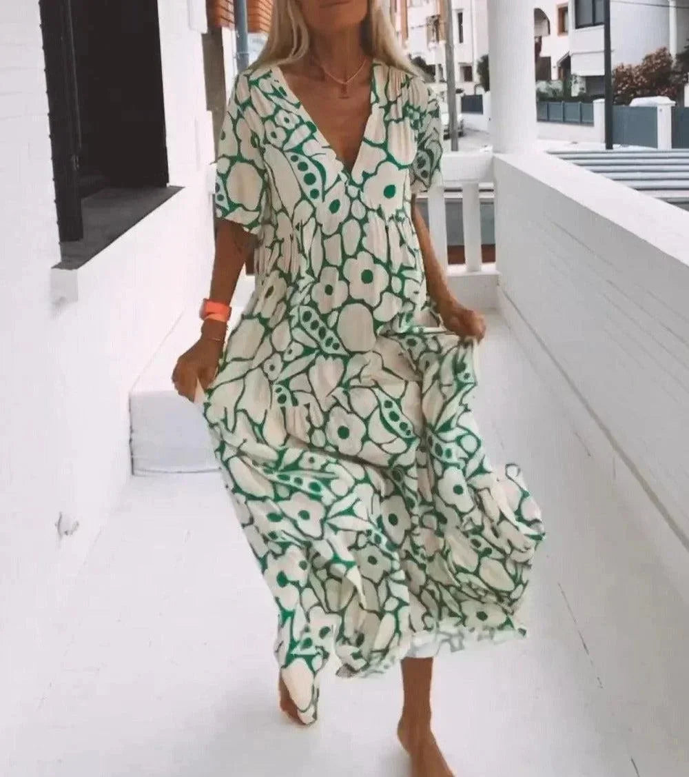 Robe Longue Été Femme Col V Manches Courtes Fleurie 4 Coloris | ROBEMODE