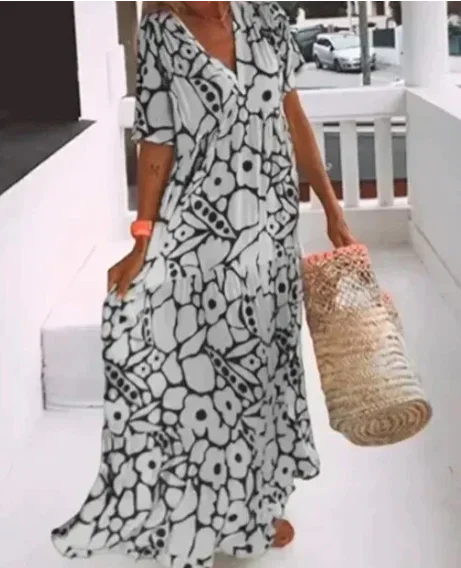 Robe Longue Été Femme Col V Manches Courtes Fleurie 4 Coloris | ROBEMODE